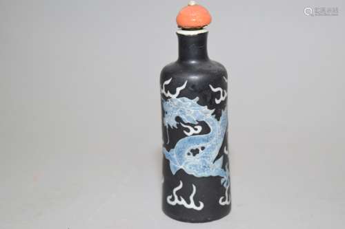Qing Chinese Black Glaze B&W Dragon Snuff Bottle