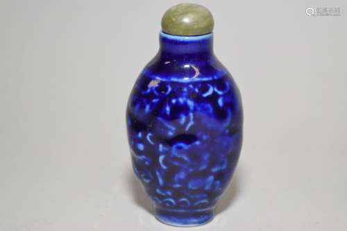 Republic Chinese Blue Glaze Relief Carved Snuff Bottle