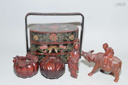 Grooup of Chinese Hongmu Carvings and Lacquer Box