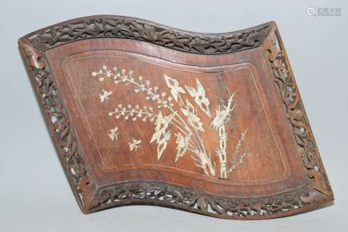 19th C. Chinese Bone Inlay Hongmu Carved Tray