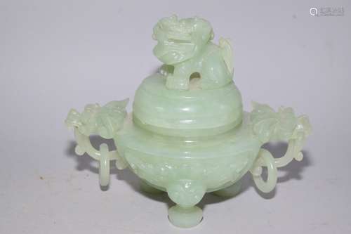 Chinese Green Jade Carved Lion Incense Burner