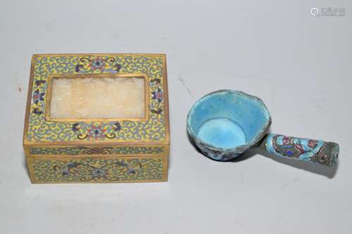 Chinese Jade Inlay Cloisonne Box and Enameled Iron