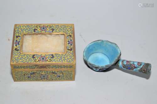 Chinese Jade Inlay Cloisonne Box and Enameled Iron