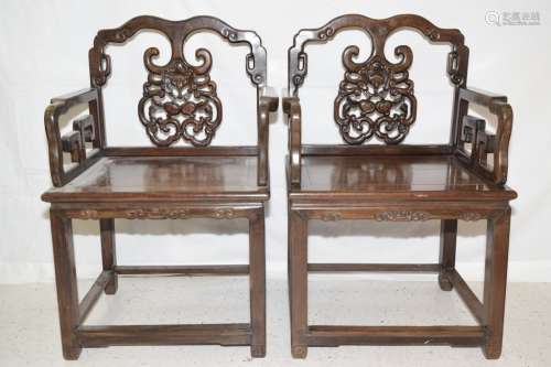 Pr. of Qing Chinese Hongmu Carved Arm Chairs