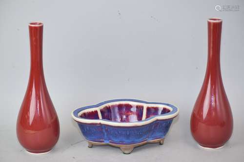 Pr. of Chinese Red Glaze Vases and Flambe Flower Pot