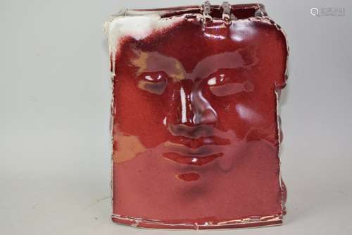 Contemporary Red Glaze Face Vase, Signed