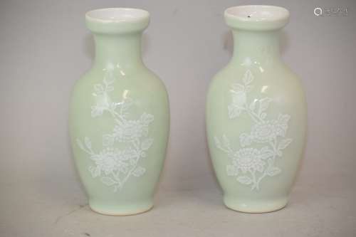 Pr. of 1950-80s Chinese Pea Glaze Pate-sur-Pate Vases