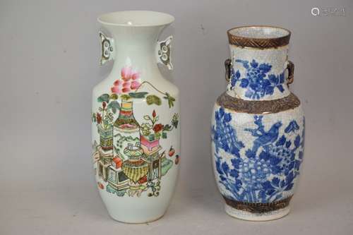 19-20th C. Chinese Famille Rose and B&W Vase