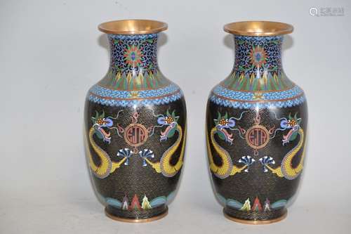 Pr. of 19th C. Chinese Dragons Cloisonne Vases