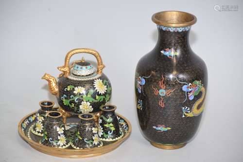 Chinese Dragons Cloisonne Vase and Flower Tea Set