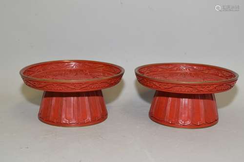 Pr. of Chinese Cinnabar Carved High-Foot Plates