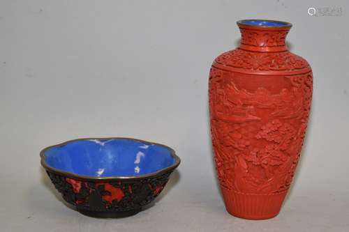 Chinese Red Cinnabar Carved Vase and Black Cinnabar Bowl