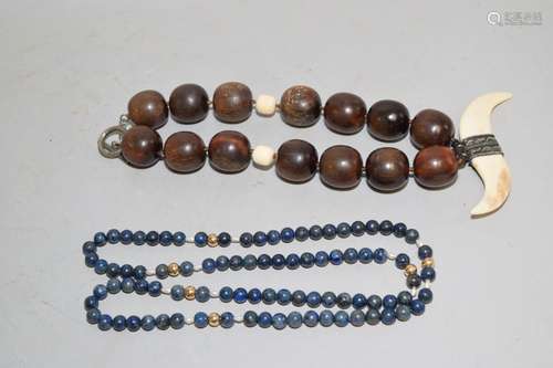 Chinese Lapis Lazuli and Wood Bone Bead Necklace