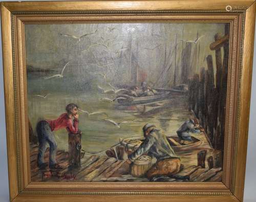 19-20th C. Harbor Scene Oil on Canvas, Signed