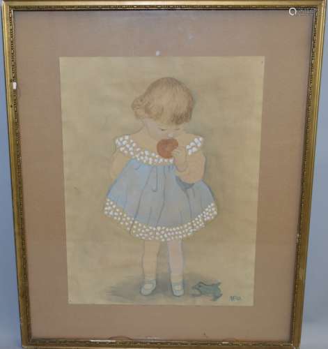 Watercolor of Young Girl Signed NRH