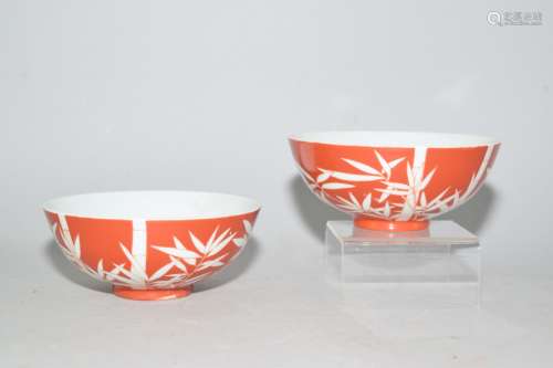 Pr. of Chinese Coral Red Glaze Porcelain Bowls, JiaQing Mark
