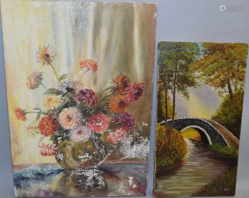 Signed Still Life and Landscape Oil on Canvas