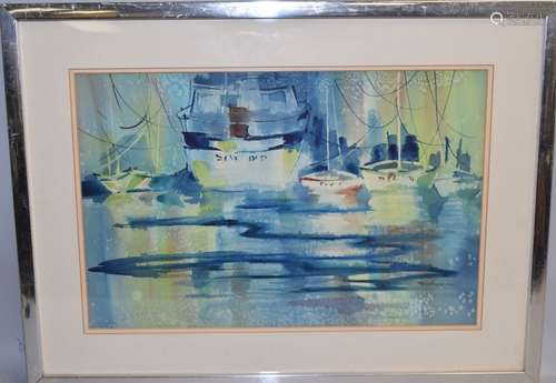 Port Scene Watercolor Signed M.M. Robinson