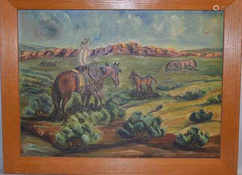 Cowboy on a Ranch Oil on Canvas Signed I. Scott