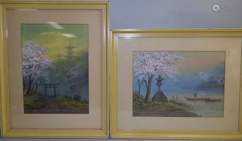 Pr. of Japanese Scenery Watercolor Signed K. Seki