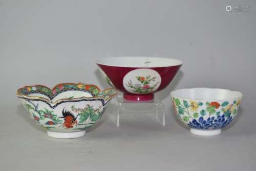 Three 19-20th C. Chinese Famille Rose Porcelain Bowls