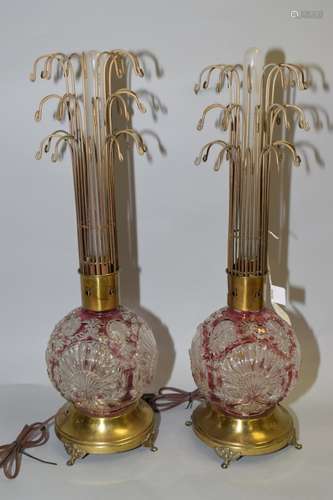 Pr. of Vintage Double Lamp with Ruby/Clear Glass