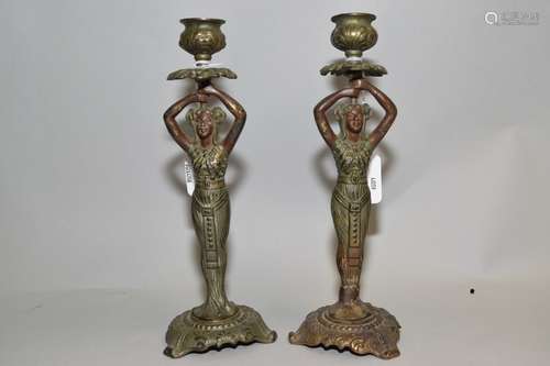 Pr. of Egyptian Revival Style Gilt Bronze Candlesticks