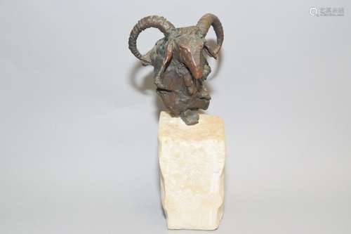 Bronze Sculpture of Ram's Head on Marble Block, Signed King