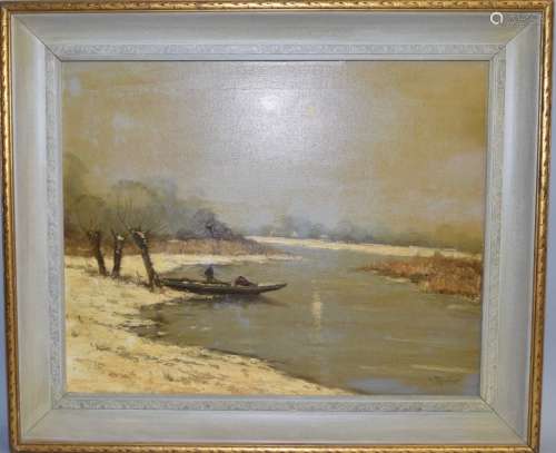 H. Reuter (German,1913-1985) Boat on Lake Painting