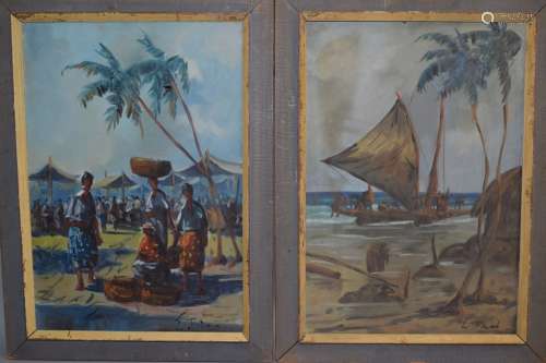 Two Island Scenery Oil on Canvas Signed E. Bian