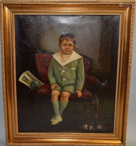 19th C. Portrait of a Young Boy Oil on Canvas, Signed