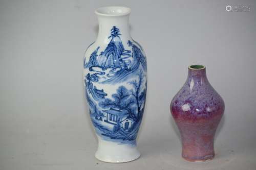 Qing Chinese B&W Landscape and Flambe Glaze Vases