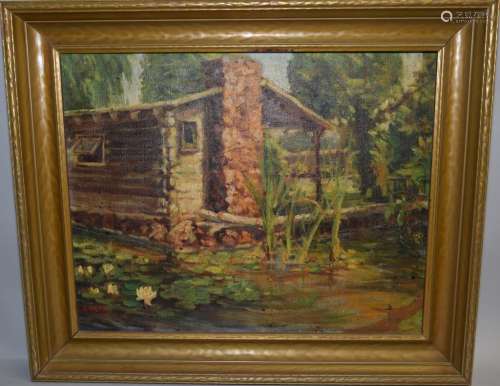 Wood Cabin Oil on Canvas Signed Smith