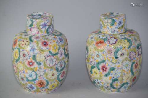 Pr. of Qing Chinese Famille Rose Porcelain Covered Jars