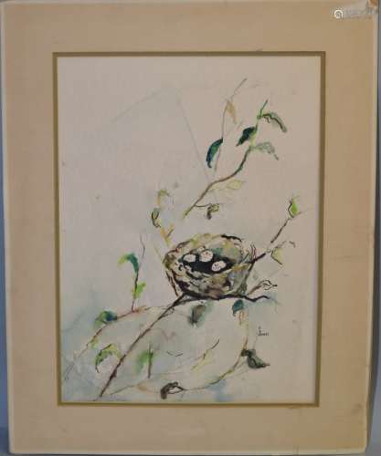 Bird Nest Watercolor Signed Dora Sanders