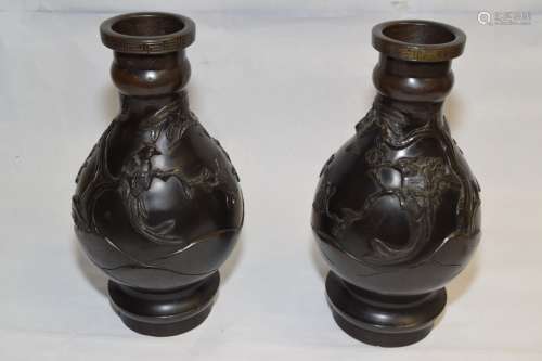 Pr. of 19th C. Japanese Bronze Bird Motif Vases