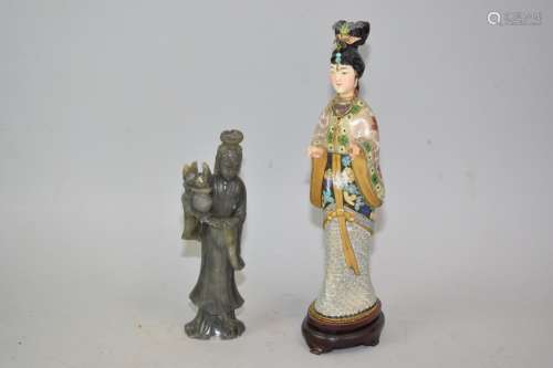 Two Chinese Cloisonne and Jade Maidens