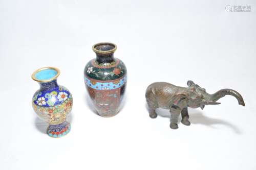 Group of Japanese Cloisonne Vases and Elephant