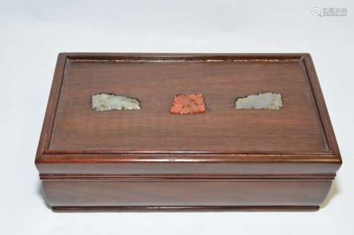 Chinese Jade/Agate Inlay Wood Carved Box