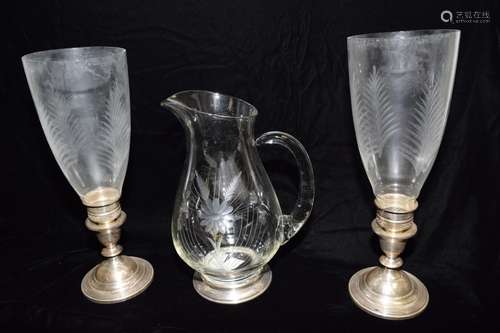 Group of Glass Lamps and Pitcher Set in Sterling Base