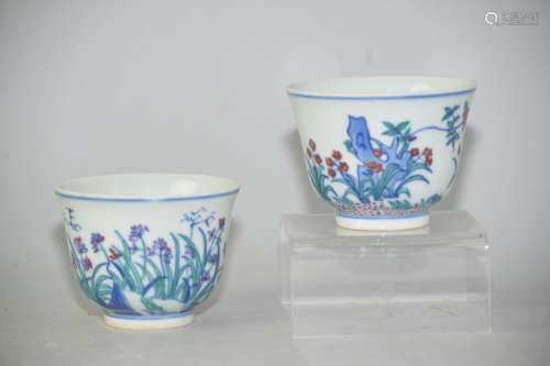 Pr. of Qing Chinese Doucai Porcelain Flower Cups