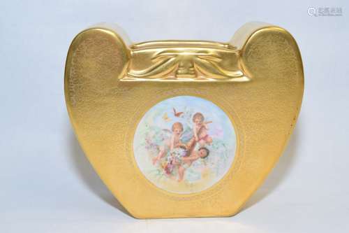 Gold over Porcelain Heart Shaped Vase with Angels