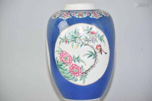 Late Qing Chinese Cobalt Blue Glaze Famille Rose Jar