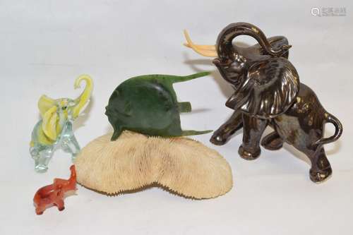 Agate/Glass Elephants and Spinach Jade Fish Figure