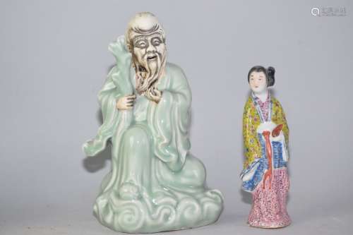 Late Qing Chinese Pea Glaze Shoulao and Famille Rose Maiden