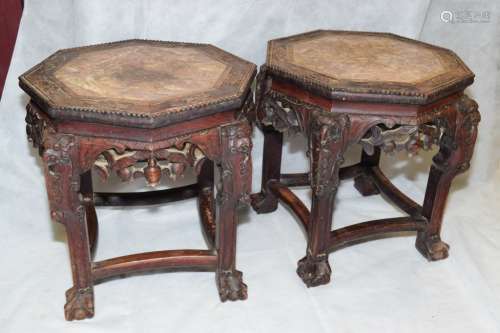 Pr. Chinese Marble Inlay Hardwood Carved Stands