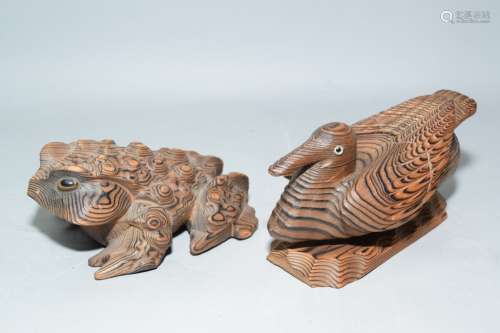 19th C. Japanese Maple Carved Toad and Duck