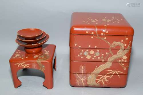 Group of Japanese Maki-e Red Lacquer Wares