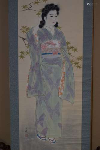 19-20th C. Japanese Watercolor Painting of Maiden