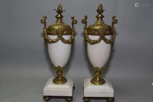 Pr. of French Ormolu Marble Trophy Vases